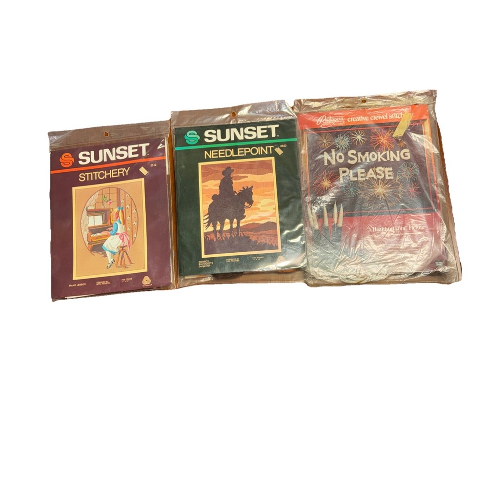 Sunset Needlepoint Paragon Bundle Of 3 Piano Lesson Cowboy Silhouette No Smoking